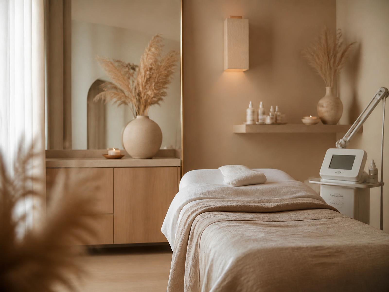 Warm, softly lit Lumora Aesthetics treatment room