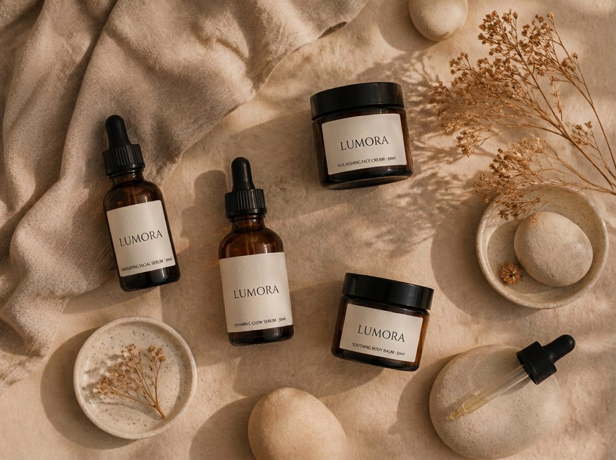 Skincare products styled on warm sand-toned linen